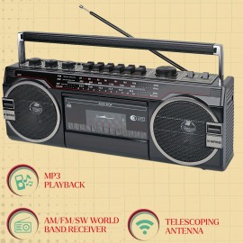 Vintage Radio with Wireless Connection, AM/FM/SW, USB and SD Card Connection, and Two-Way Speaker System with Cassette Player