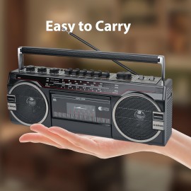 Retro-style Multifunction Radio 2 Way Speaker System W/Wireless Connectivity, USB, SD, FM, AM, SW, AUX, & Cassette Player, W/ FF/REW/REC Function, Black
