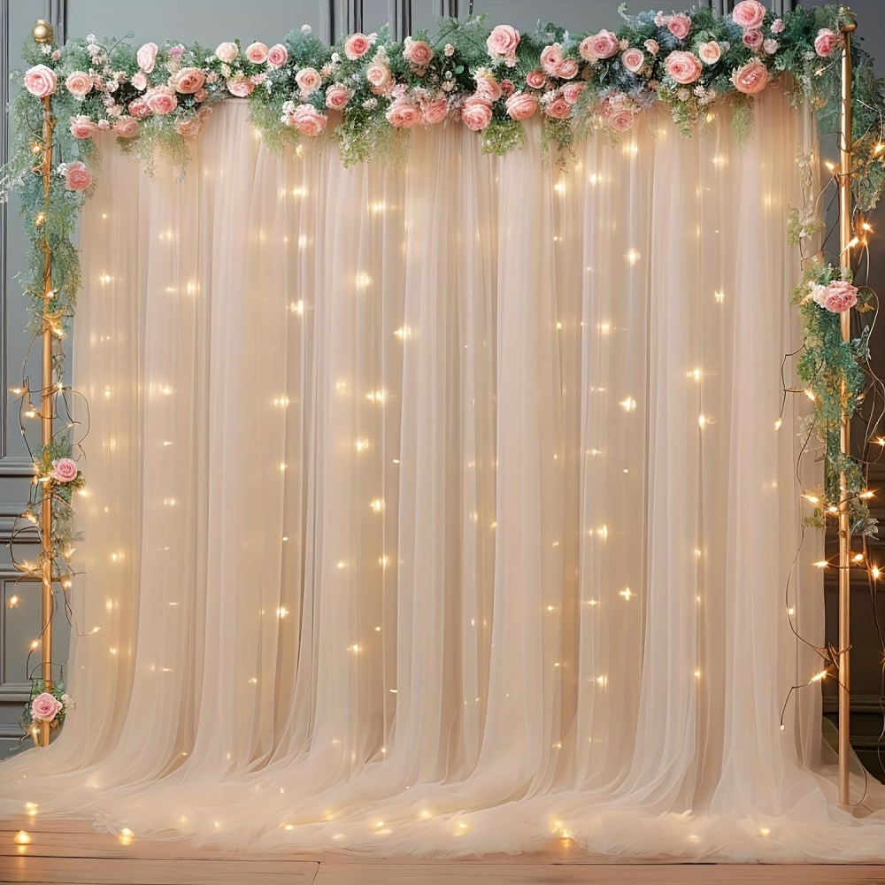 2pcs Champagne Tulle Backdrop Decor - 5.2x10ft, Sheer, with Lights String for Parties, Wedding, Birthday, Photo Shoots