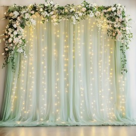 2pcs Champagne Tulle Backdrop Decor - 5.2x10ft, Sheer, with Lights String for Parties, Wedding, Birthday, Photo Shoots
