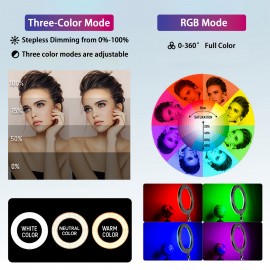 10 Inch Selfie Ring Light with 43 Inch Adjustable Tripod Stand & Phone Holder - Dimmable LED Ring Light with RGB Color Adjustable Light Levels, Portable -Powered Circular Flashlight for Vlogging, Streaming, -Powered