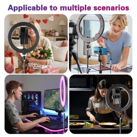 10 Inch Selfie Ring Light with 43 Inch Adjustable Tripod Stand & Phone Holder - Dimmable LED Ring Light with RGB Color Adjustable Light Levels, Portable -Powered Circular Flashlight for Vlogging, Streaming, -Powered