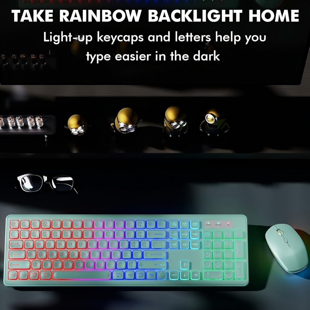 Wireless RGB Backlit Keyboard And Mouse Set with 2000 DPI, Rechargeable Quiet Mouse, Ergonomic Slim Design, Compatible with Windows And Mac Laptops.