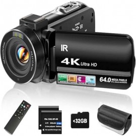 4K Video Camcorder for YouTube with 18x Zoom 3 IPS Touchscreen Night Vision Remote Control 32GB Card 2 Batteries